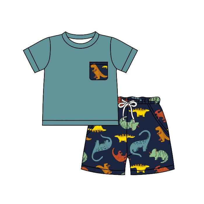 Preorder  BSSO0505 Blue Dinosaur Boys Short Sleeve Shorts Outfits