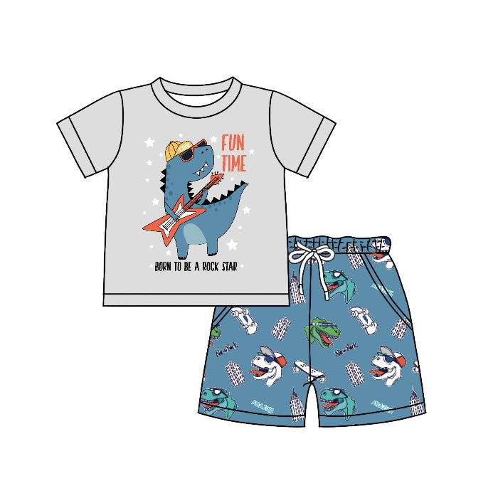 Preorder  BSSO0506 Blue Dinosaur Boys Short Sleeve Shorts Outfits