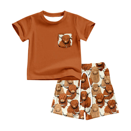 Preorder  BSSO0509 Highland Cow Brown Boys Short Sleeve Shorts Outfits