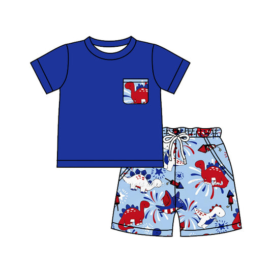 Preorder  BSSO0511 Blue Red Dinosaur Boys Short Sleeve Shorts Outfits