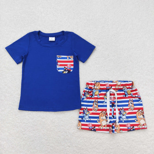BSSO0513 Cartoon Bluey Pocket Blue Short Sleeve Shorts Boys Sets RTS 202508