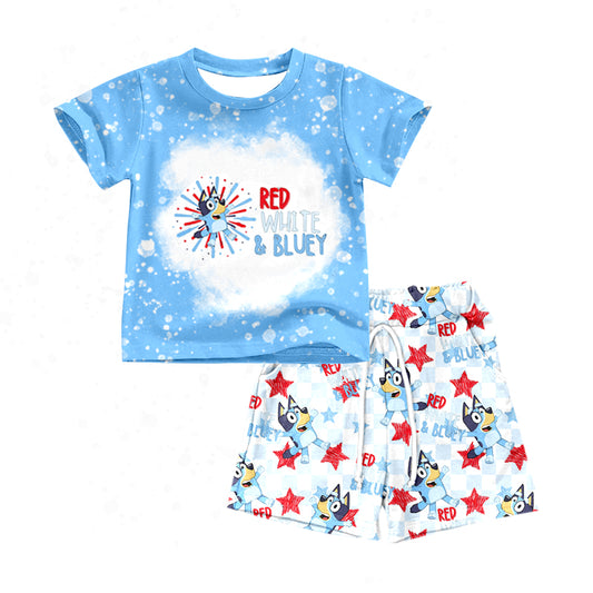 Preorder  BSSO0515 4th of July Blue Dog Cartoon Boys Short Sleeve Shorts Outfits