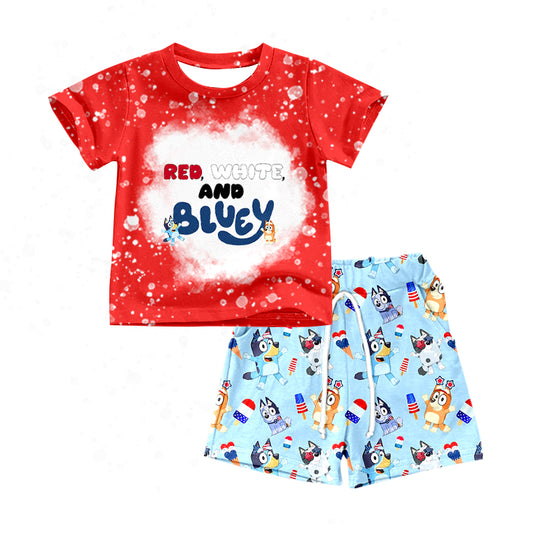 Preorder  BSSO0516 4th of July Blue Dog Cartoon Boys Short Sleeve Shorts Outfits