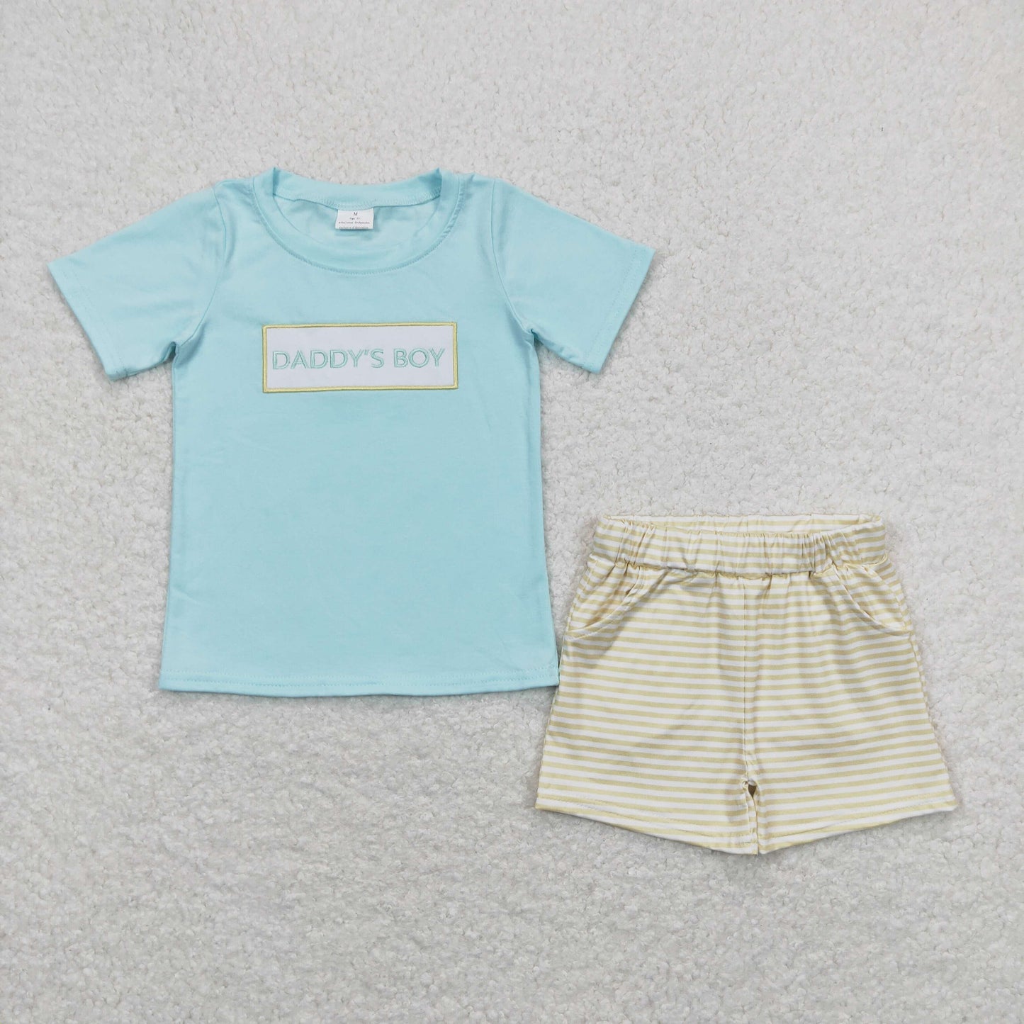 BSSO0522 Embroidered Daddy's Boy Letter Blue Short Sleeve Yellow Stripe Shorts Boys Sets RTS 202508