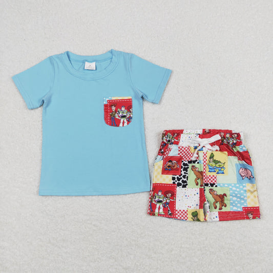 BSSO0557 Toy Story Plaid Pocket Blue Short Sleeve Shorts Boys Set RTS 202508