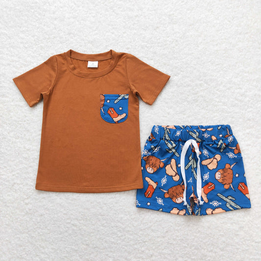 BSSO0542 Highlands Cow Blue Pocket Brown Short Sleeve Shorts Boys Pajamas Outfits RTS 202509