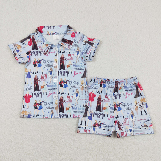 BSSO0545 Blue Grey Button short sleeve top shorts pajamas Taylor Singer fans Boys boutique outfit 202501