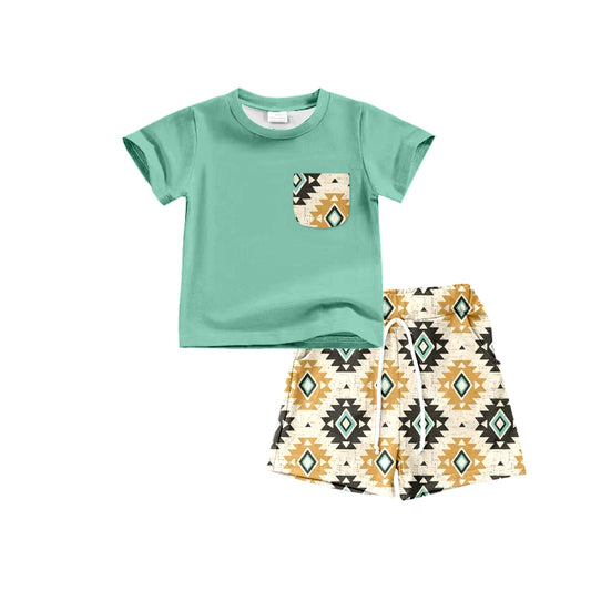 Preorder  BSSO0546 Green Western Boys Short Sleeve Shorts Outfits