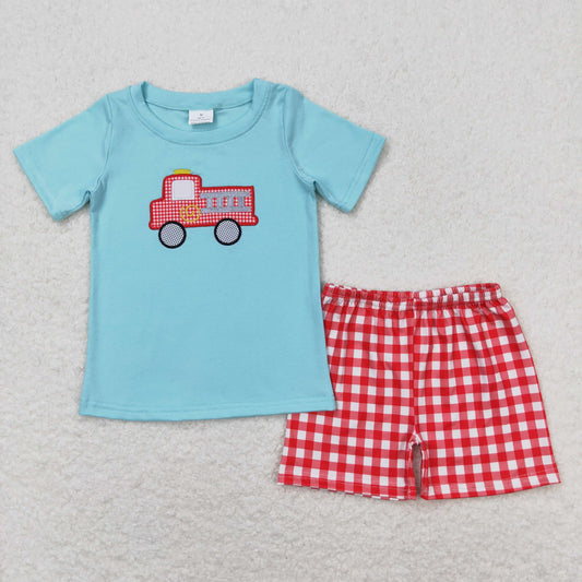BSSO0549 Embroidered Car Boys Blue Short Sleeve Red Plaid Shorts Outfits RTS 202508