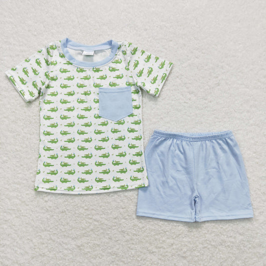 BSSO0556  Crocodile Green Short Sleeve Blue Pocket Shorts Sets Boys Boutique Outfits 202404 RTS