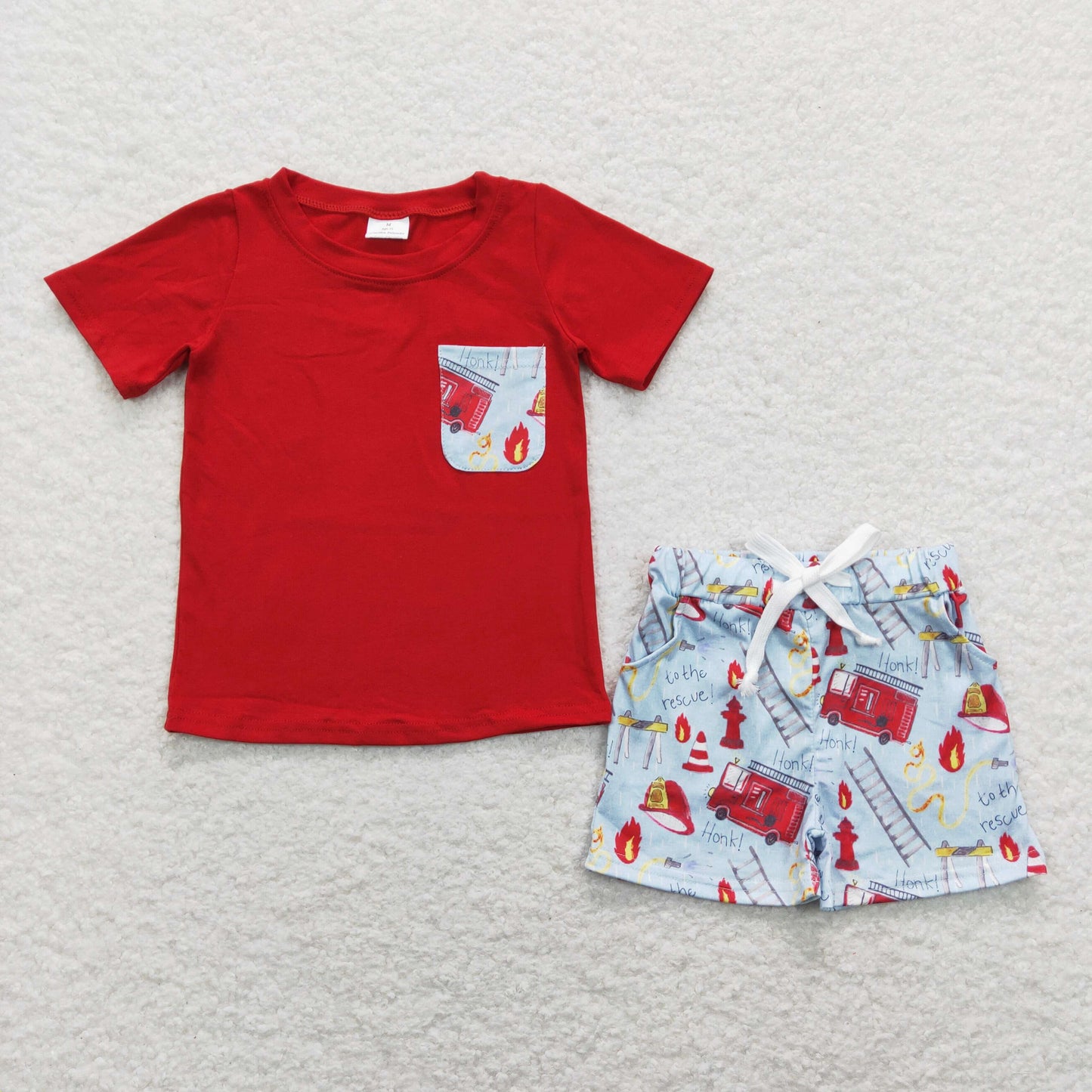 BSSO0557 Fire Truck Pocket Red Blue Short Sleeve Shorts Sets Boys RTS 202507