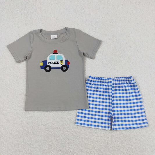 BSSO0566 Embroidered Police Car Gray Short Sleeve Blue Plaid Shorts  Boys Outfits RTS 202508
