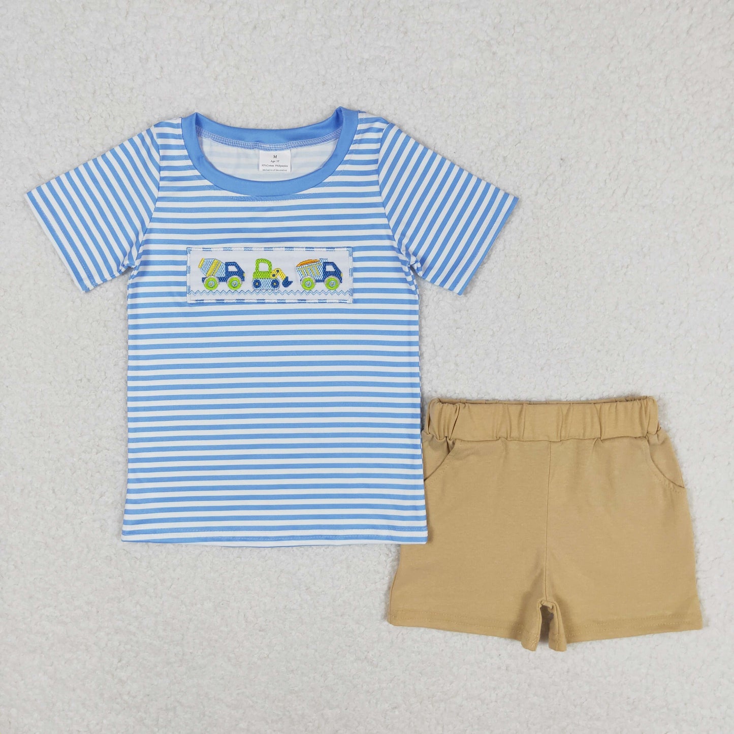 BSSO0572 Embroidery engineering car blue and white striped short sleeve brown shorts set high quality wholesale baby clothing