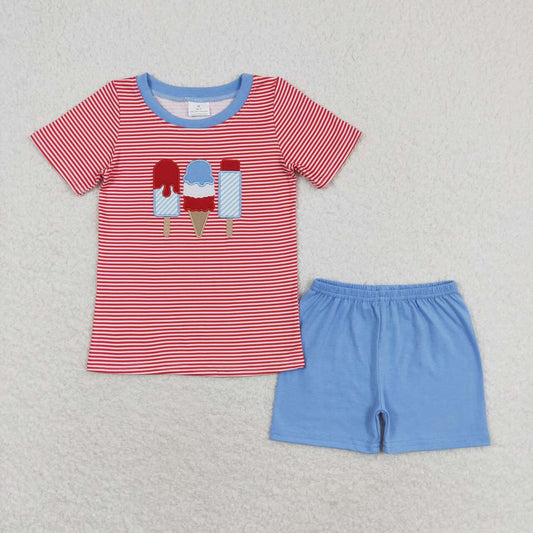 BSSO0576 Embroidered ice cream ice cream red striped short sleeve blue shorts suit boys clothing set summer