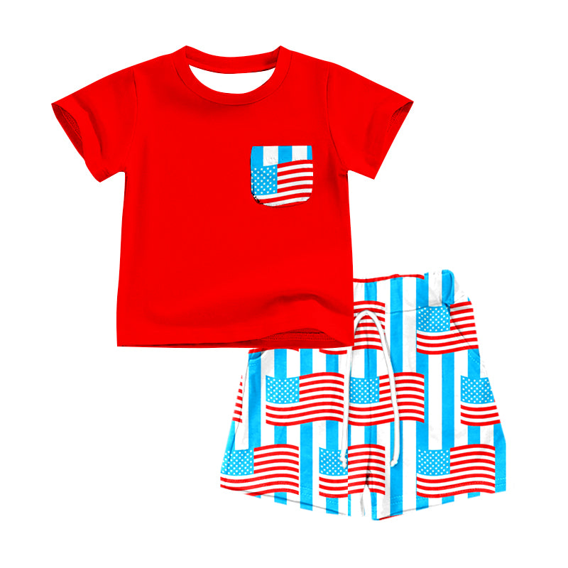 Preorder  BSSO0577 4th of July Red Blue  Boys Short Sleeve Shorts Outfits