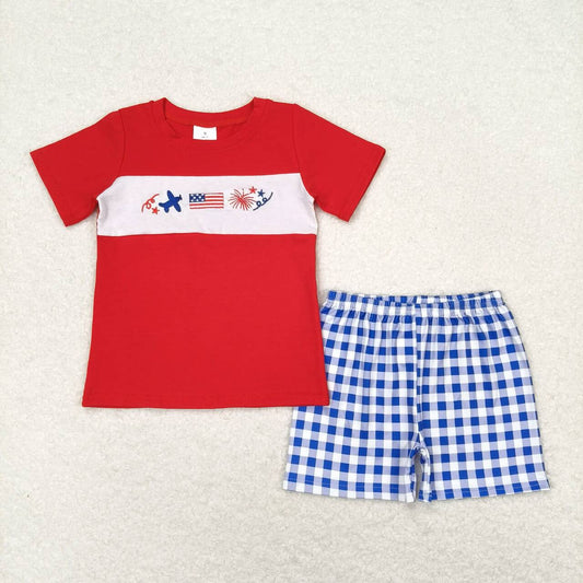 BSSO0584 Embroidered airplane flag fireworks red short-sleeved blue and white plaid shorts set