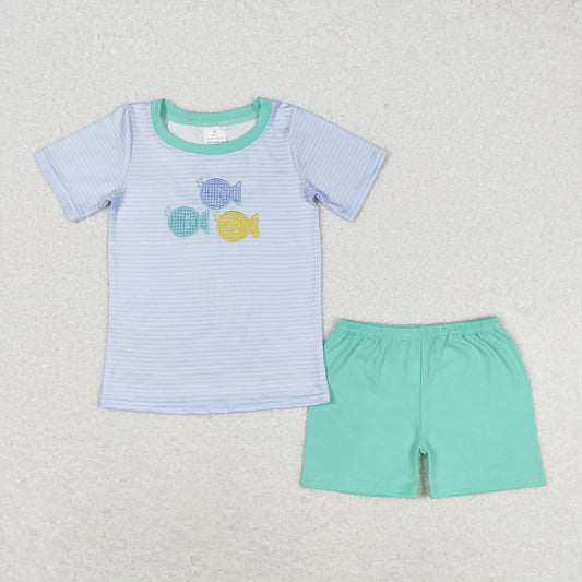 BSSO0587 Embroidered small fish striped short sleeve teal shorts set high quality wholesale boys clothing sets summer