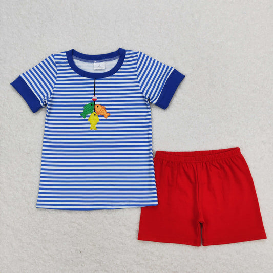 BSSO0588  Embroidered Fishing Blue Stripe Short Sleeve Red Shorts Boys Outfits RTS 202508