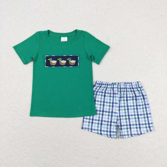 BSSO0589 Embroidered duck green short sleeve plaid shorts set high quality boys clothing sets summer
