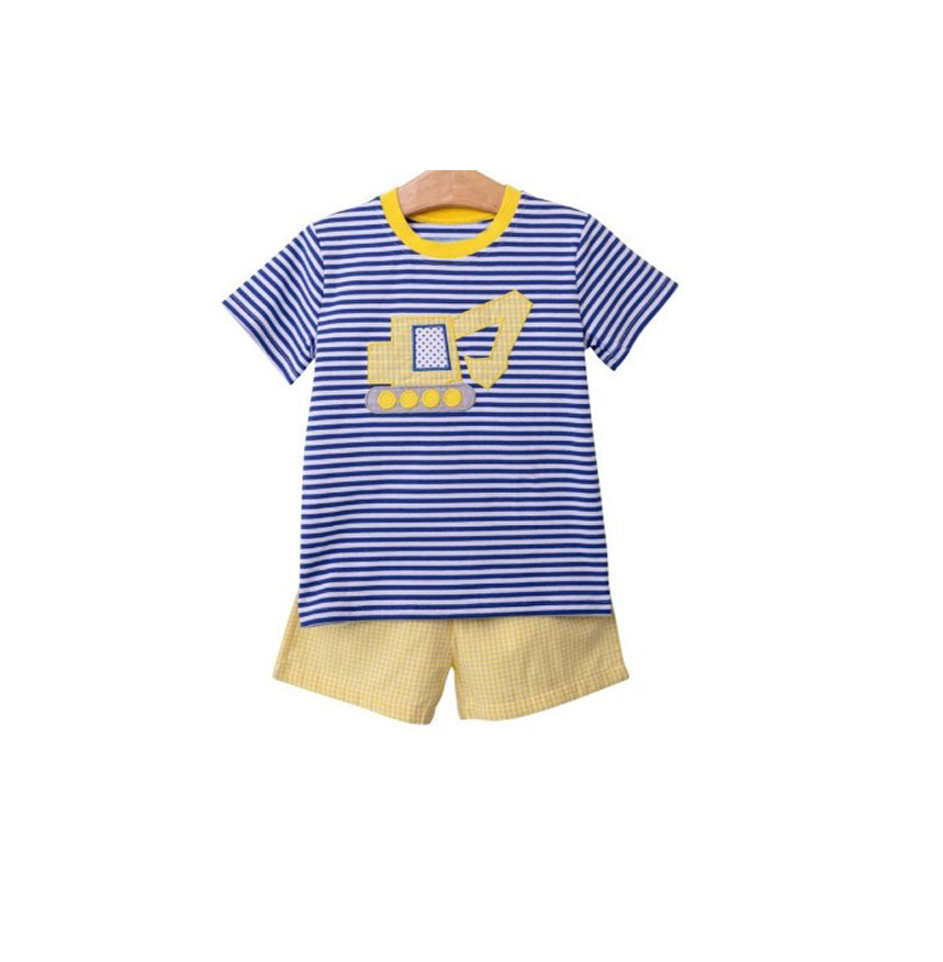 Preorder  BSSO0590 Blue Yellow Truck Boys Short Sleeve Shorts Outfits