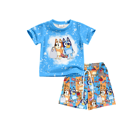 Preorder  BSSO0599 blue Dog  Cartoon  Boys Short Sleeve Shorts Outfits