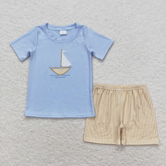 BSSO0602 Embroidered Sailboat Blue Short Sleeve Shorts Boys Outfits