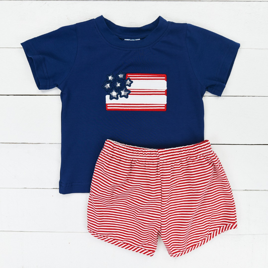 Preorder  BSSO0603  4th of July  blue red flag Boys Short Sleeve Shorts Outfits