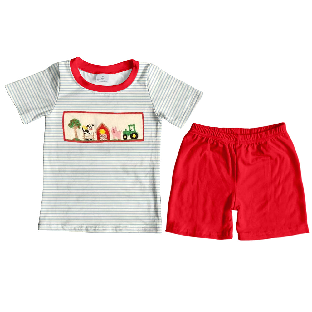 Preorder  BSSO0611 Red farm truck Boys Short Sleeve Shorts Outfits