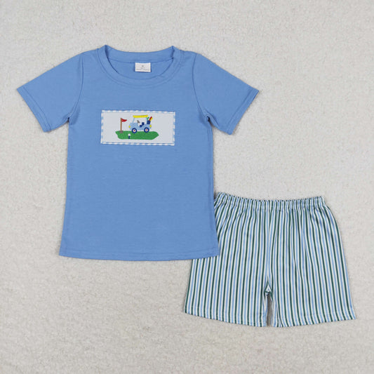 BSSO0616 Embroidered golf tour car blue short-sleeved striped shorts set baby boy set clothing