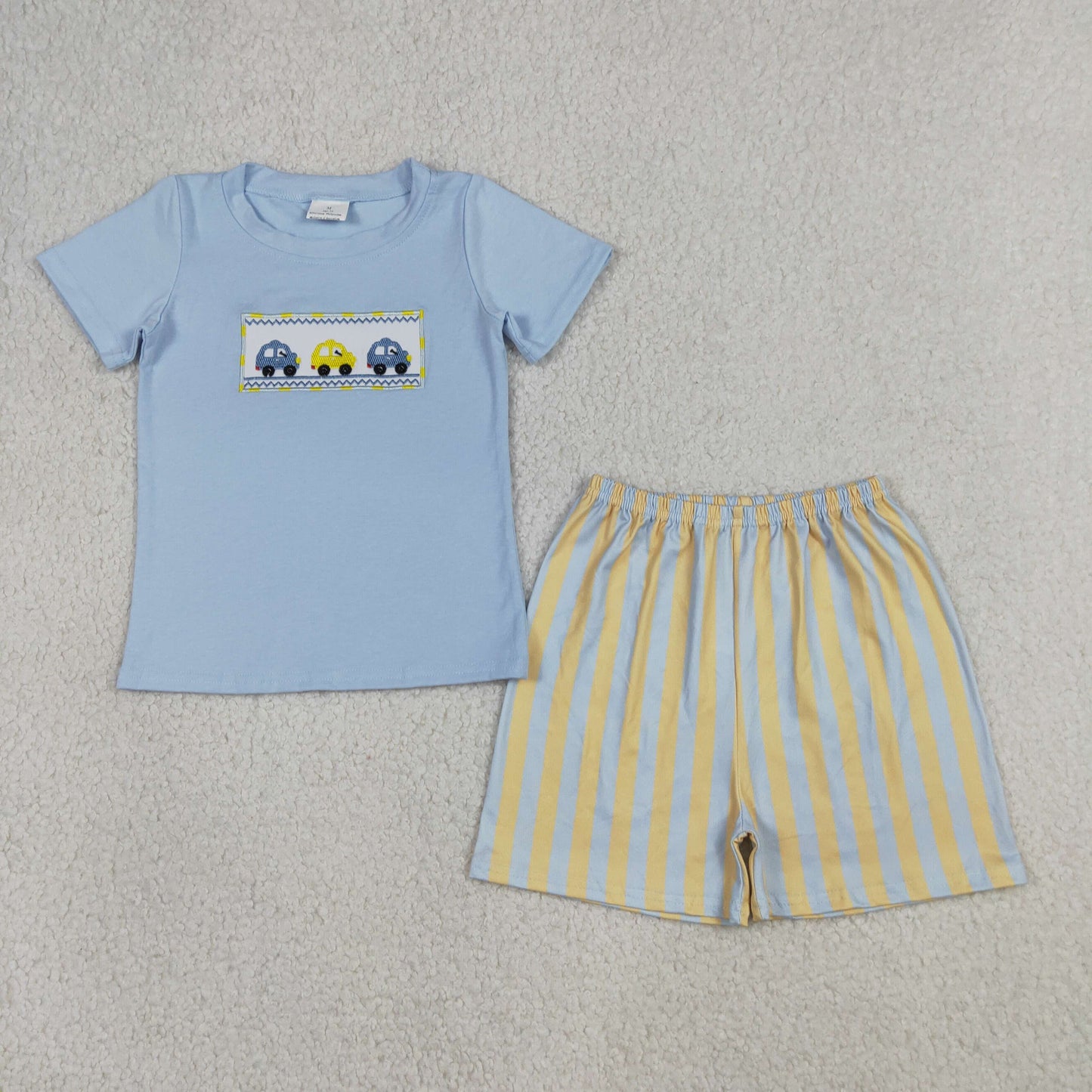 BSSO0617 Embroidered Blue Car Boys Short Sleeve Shorts Outfits 202604 RTS