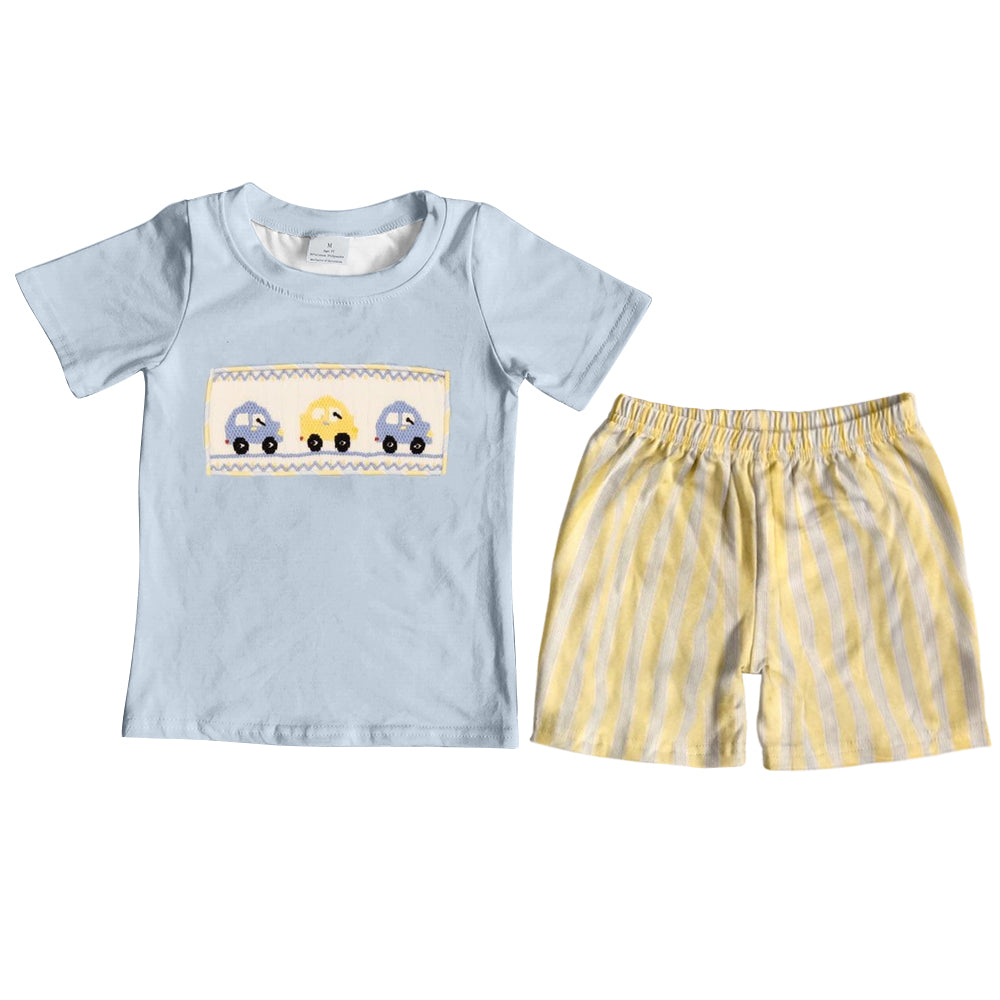 Preorder  BSSO0617  blue yellow bus Boys Short Sleeve Shorts Outfits