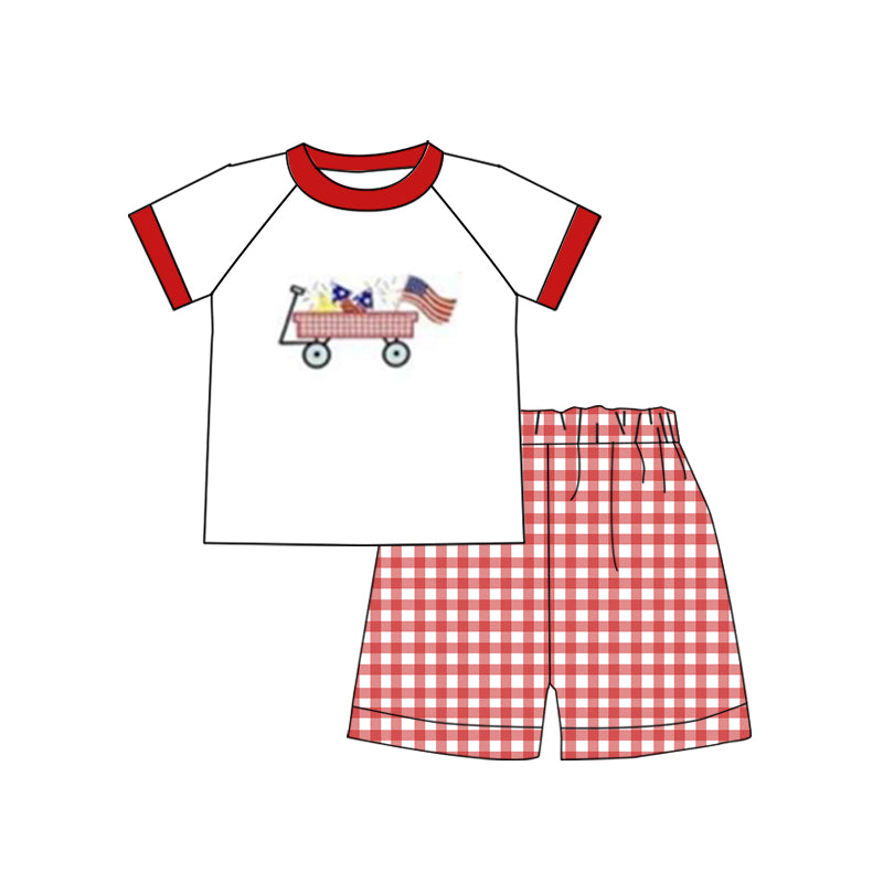 Preorder  BSSO0618  4th of July  blue red flag Boys Short Sleeve Shorts Outfits