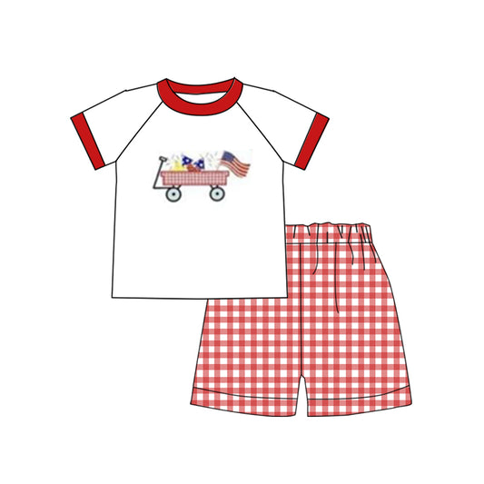 Preorder  BSSO0618  4th of July  blue red flag Boys Short Sleeve Shorts Outfits