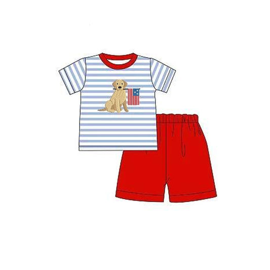 Preorder  BSSO0619  4th of July  blue red Dog flag Boys Short Sleeve Shorts Outfits