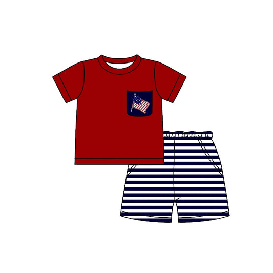 Preorder  BSSO0620  4th of July  blue red flag Boys Short Sleeve Shorts Outfits