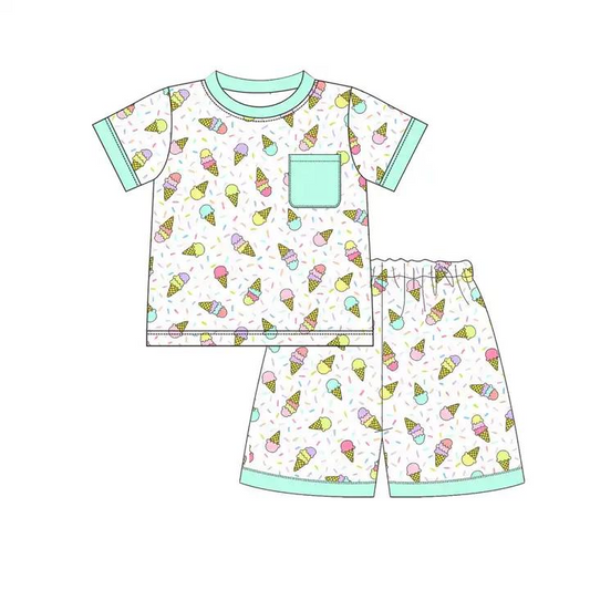 Preorder  BSSO0622 Green Ice Cream   Boys Short Sleeve Shorts Outfits