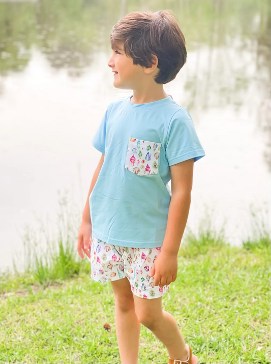 Preorder  BSSO0623 Blue Sea   Boys Short Sleeve Shorts Outfits