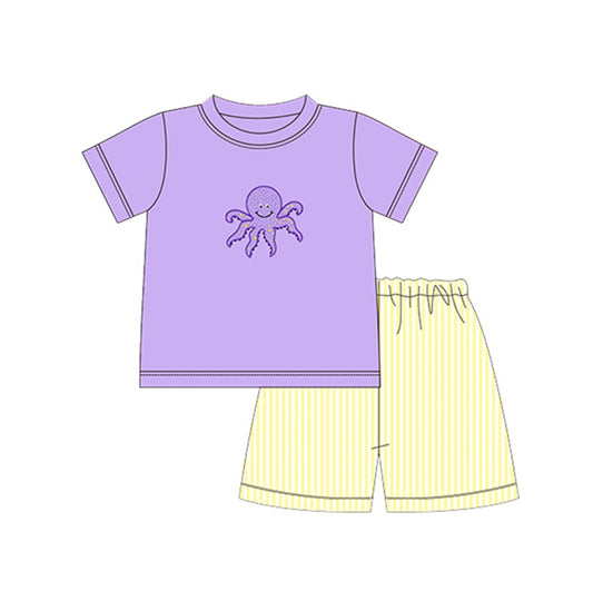 Preorder  BSSO0627  purple yellow  octopus Boys Short Sleeve Shorts Outfits