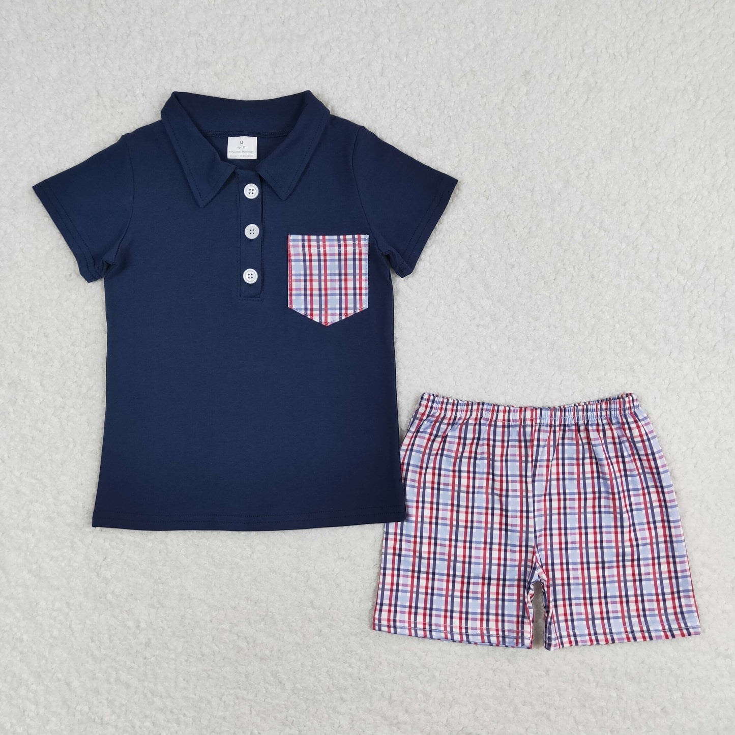 BSSO0628 Navy blue short-sleeved shorts suit with red and blue plaid pockets