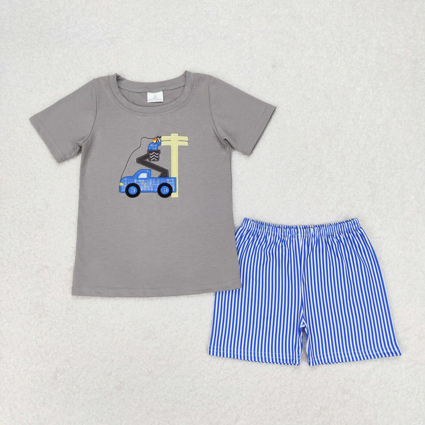 BSSO0631 Embroidery pole repairman grey short-sleeved blue striped shorts set baby boys clothing sets