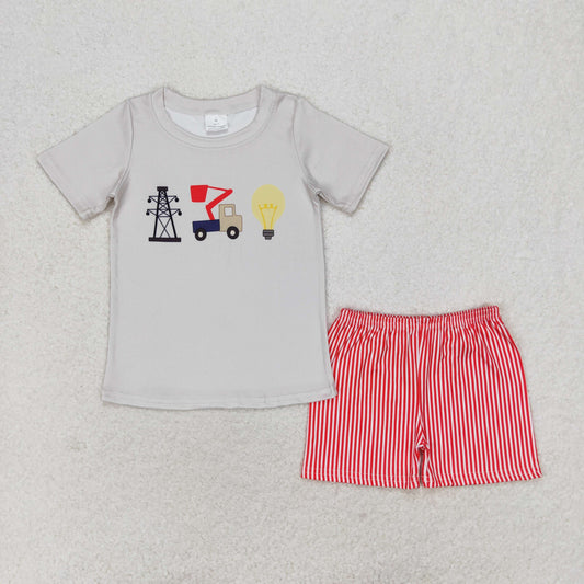 BSSO0632 Grid bulb short-sleeved red striped shorts suit teen boys clothing sets ages 10 to 14