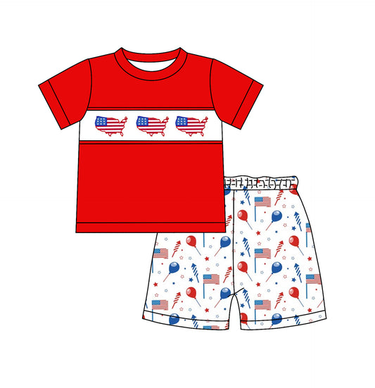 Preorder  BSSO0633 4th of July red blue flag  Boys Short Sleeve Shorts Outfits