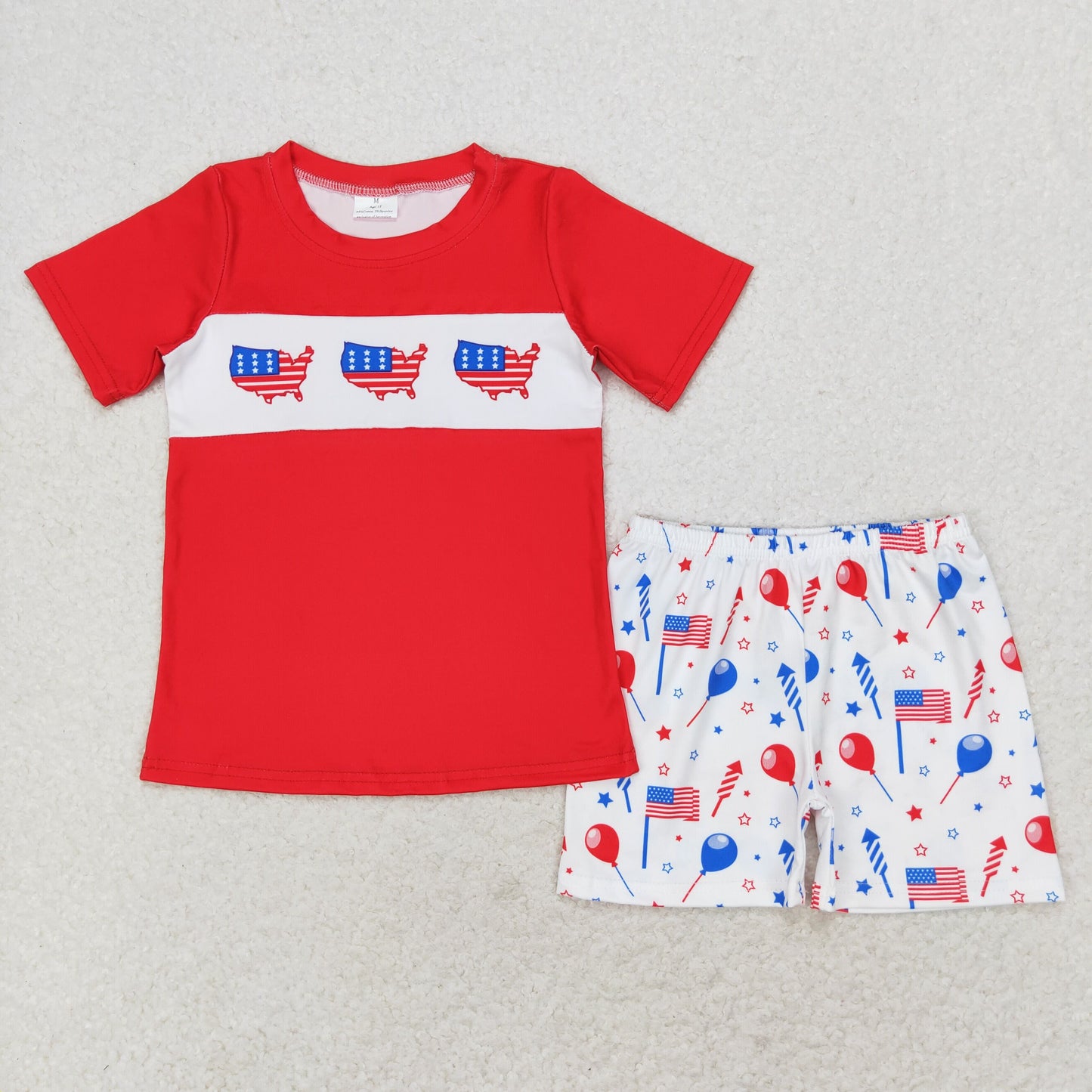 BSSO0633 American flag red short-sleeved balloon star fireworks white shorts set boys clothing sets