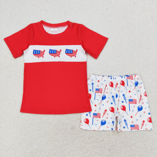 BSSO0633 American flag red short-sleeved balloon star fireworks white shorts set boys clothing sets