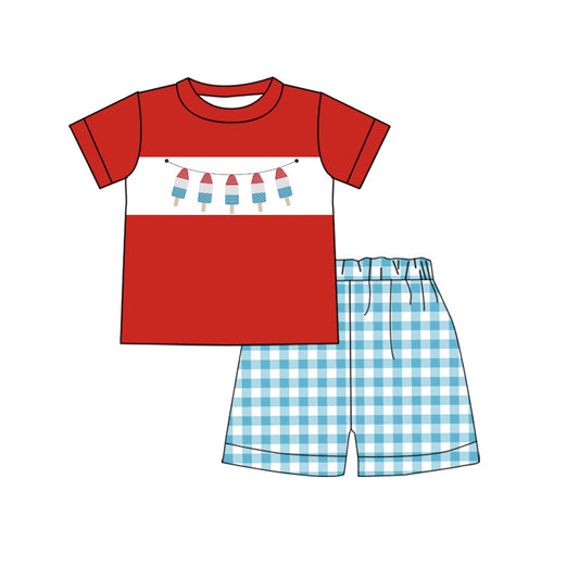 Preorder  BSSO0634 4th of July red blue flag  Boys Short Sleeve Shorts Outfits