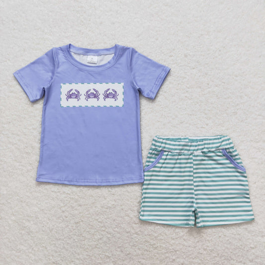 BSSO0637 Blue Green Caryfish  Boys Short Sleeve Shorts Outfits