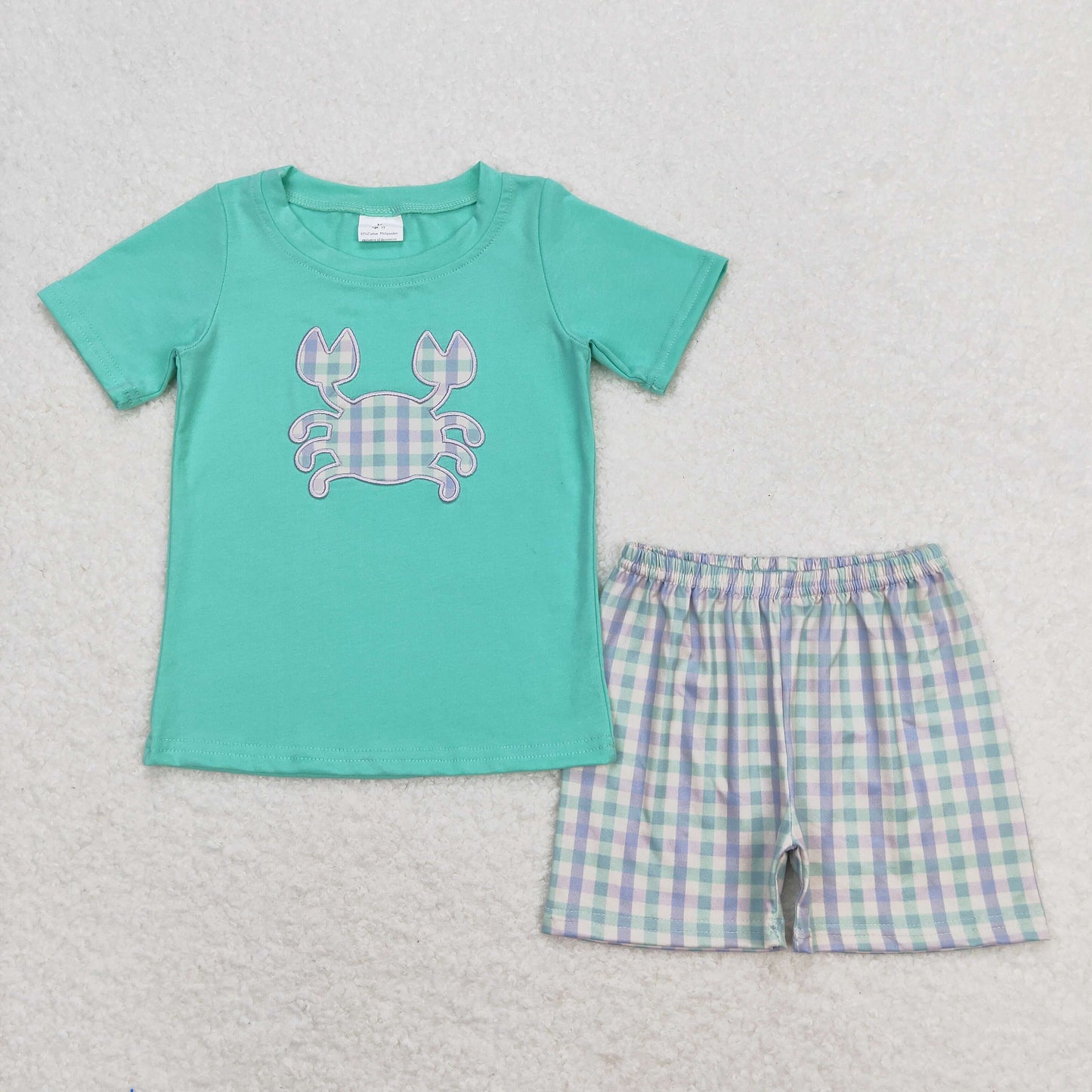 BSSO0638  Embroidered Crab Boys Green Short Sleeve Shorts Outfits RTS 202509
