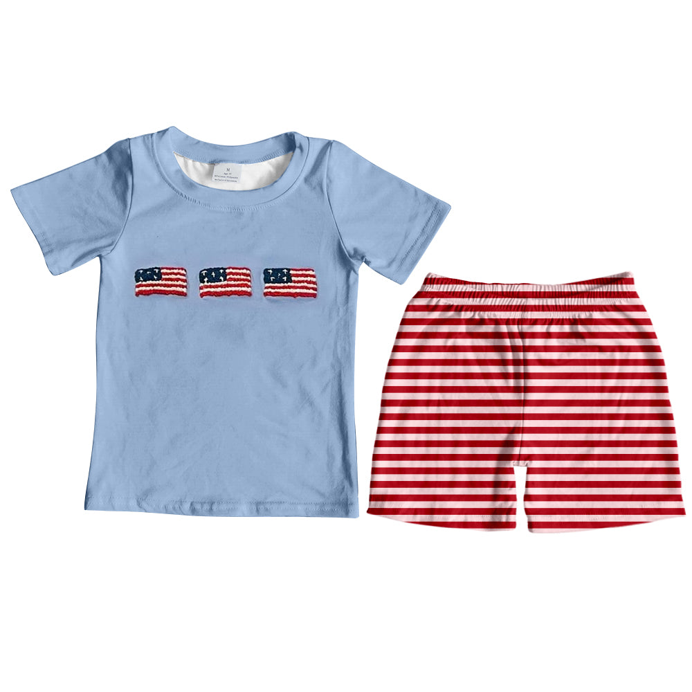 Preorder  BSSO0641  4th of July red blue flag  Boys Short Sleeve Shorts Outfits