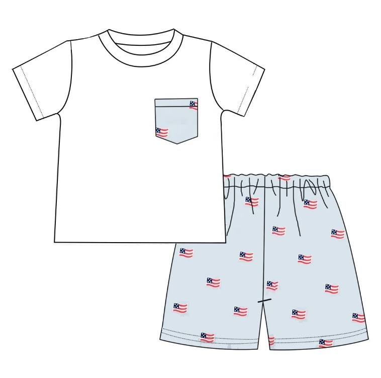 Preorder  BSSO0642  4th of July red blue flag  Boys Short Sleeve Shorts Outfits