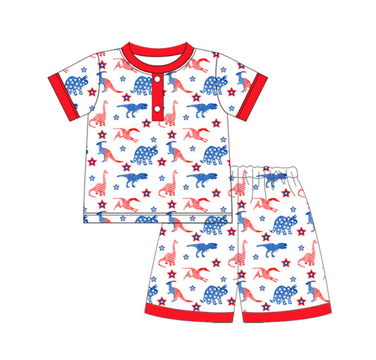 Preorder  BSSO0644  4th of July red blue flag Dinosaur  Boys Short Sleeve Shorts Outfits